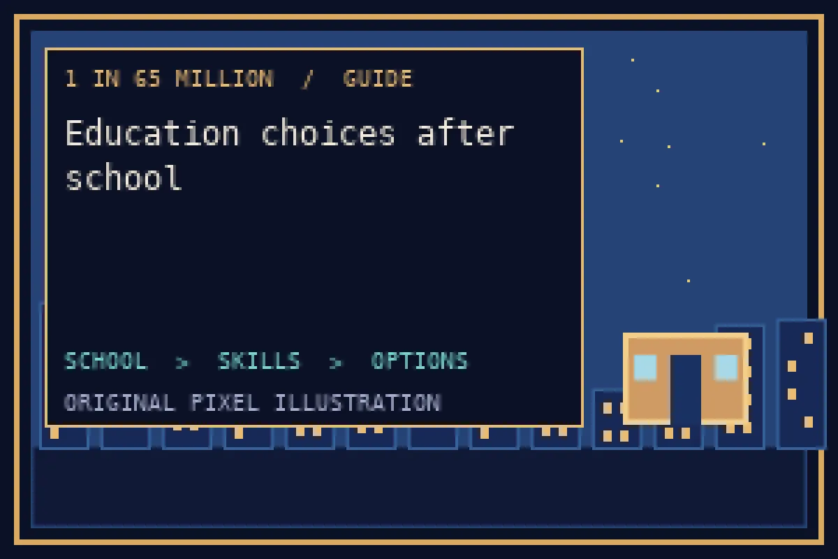 Pixel illustration of education choices after school in the 1 in 65 million guide
