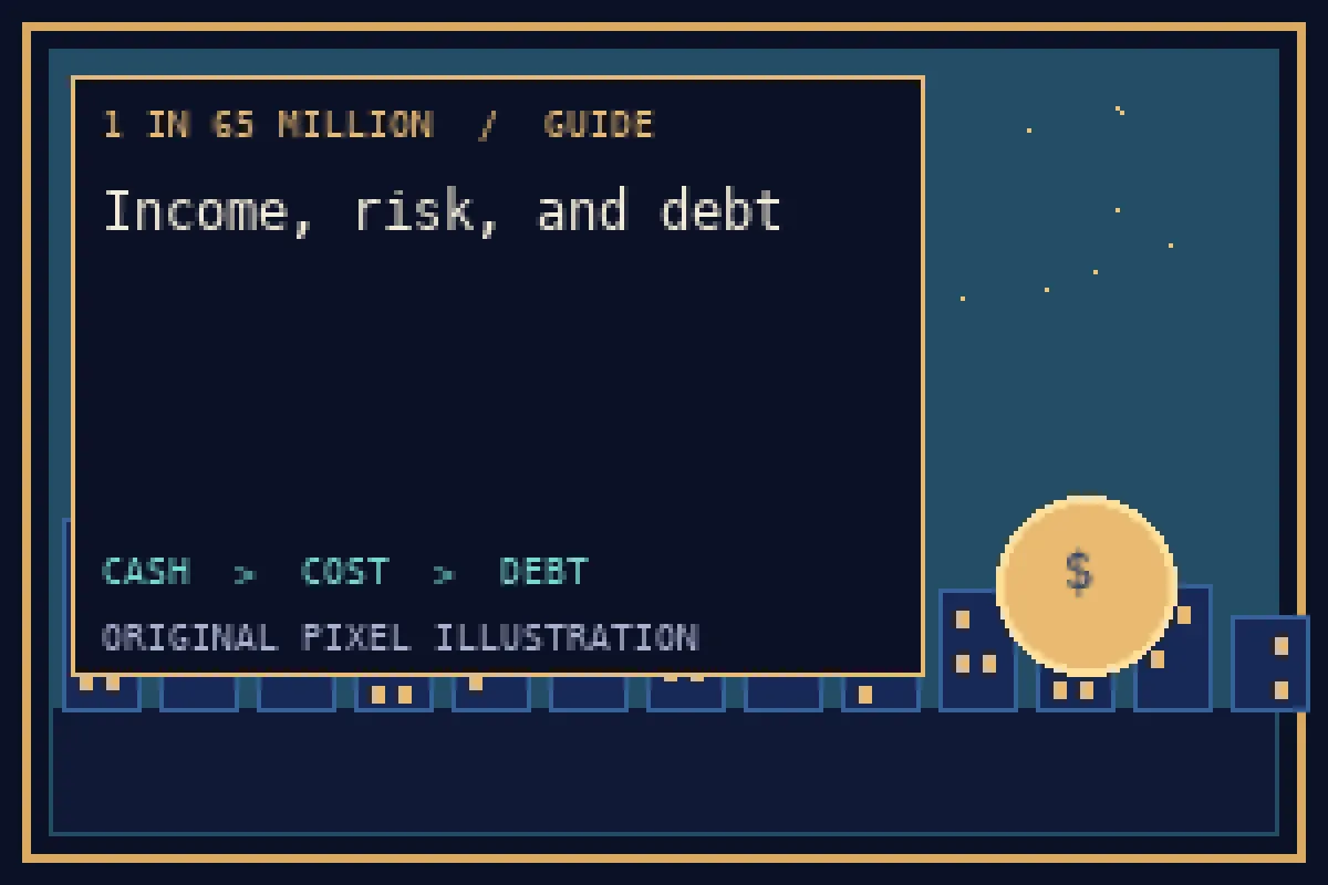 Pixel illustration of income, risk, and debt in the 1 in 65 million guide