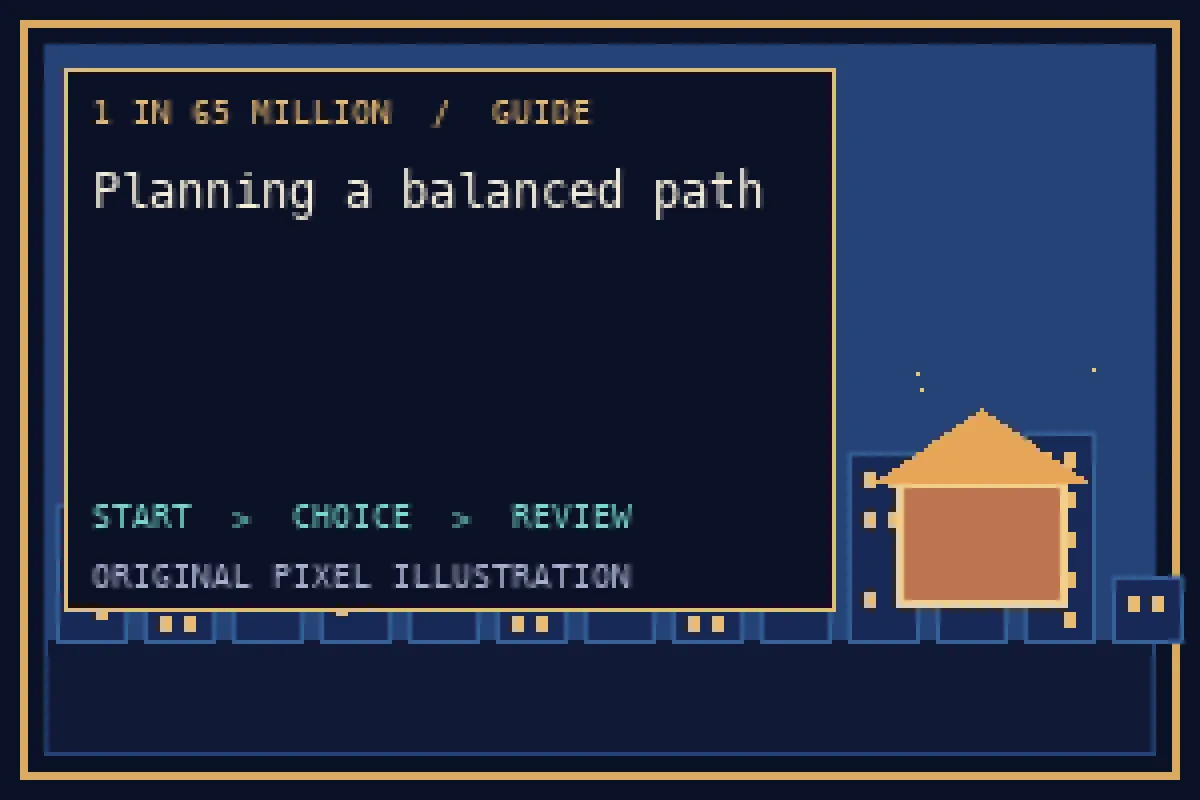 Pixel illustration of planning a balanced path in the 1 in 65 million guide
