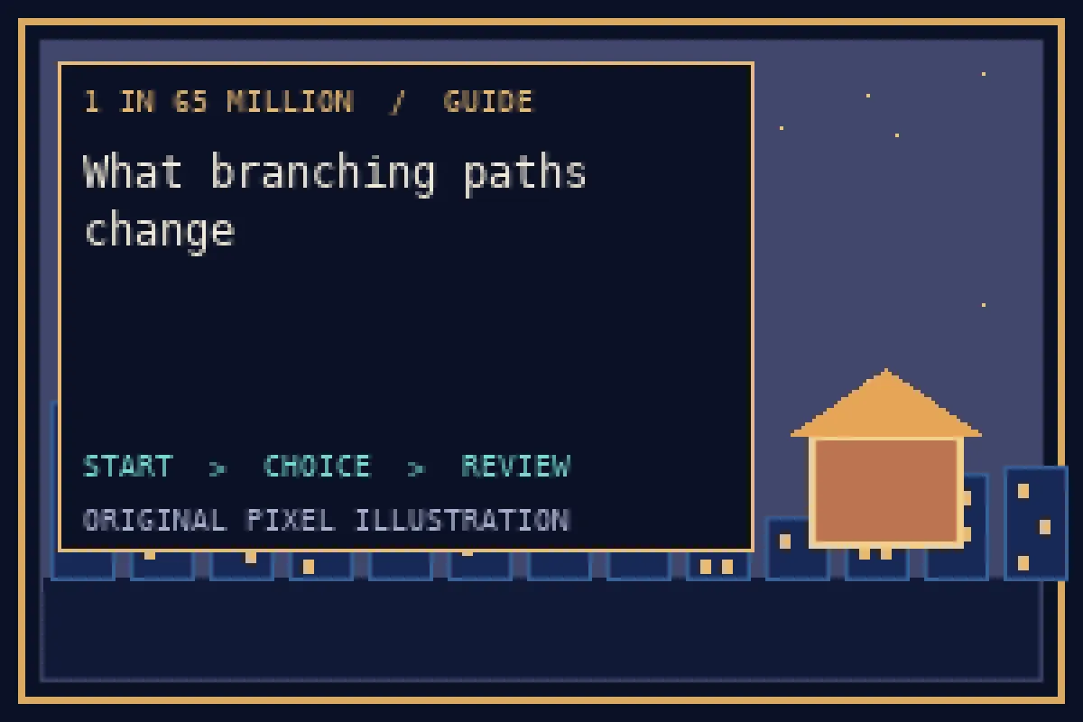 Pixel illustration of what branching paths change in the 1 in 65 million guide