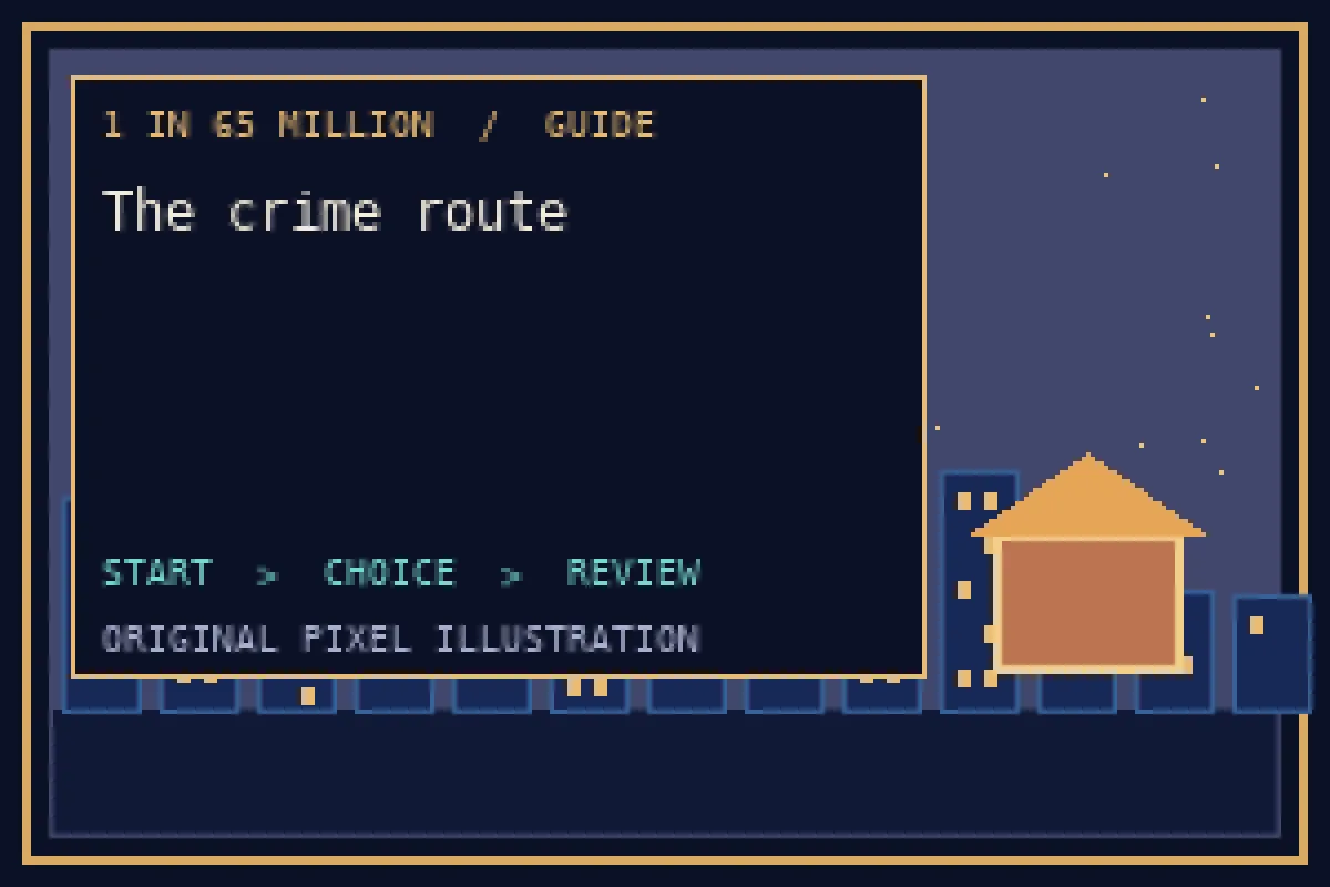 Pixel illustration of the crime route in the 1 in 65 million guide
