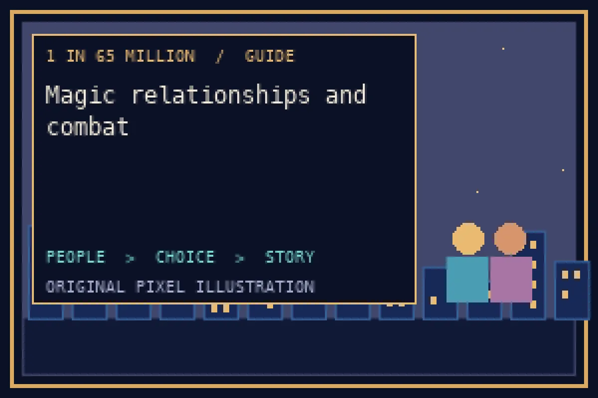 Pixel illustration of magic relationships and combat in the 1 in 65 million guide