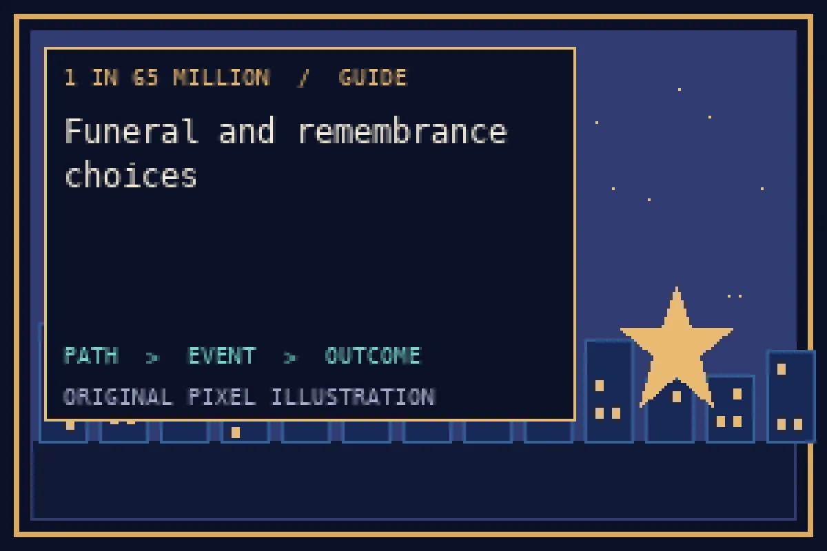 Pixel illustration of funeral and remembrance choices in the 1 in 65 million guide