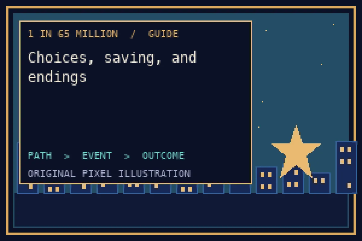 Pixel illustration of choices, saving, and endings in the 1 in 65 million guide
