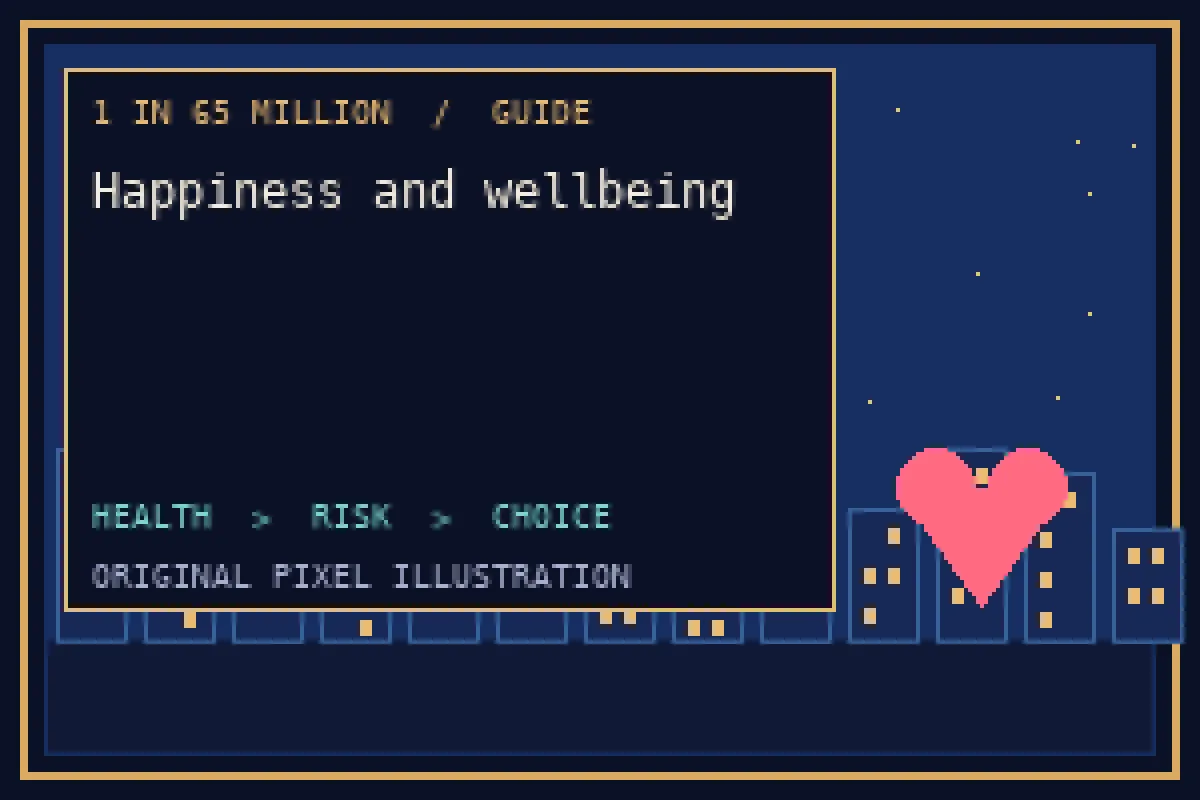 Pixel illustration of happiness and wellbeing in the 1 in 65 million guide