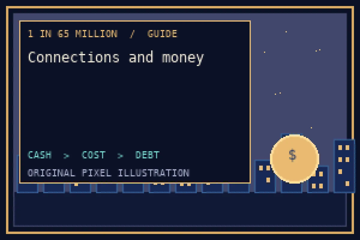 Pixel illustration of connections and money in the 1 in 65 million guide