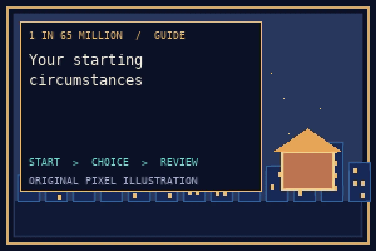 Pixel illustration of your starting circumstances in the 1 in 65 million guide