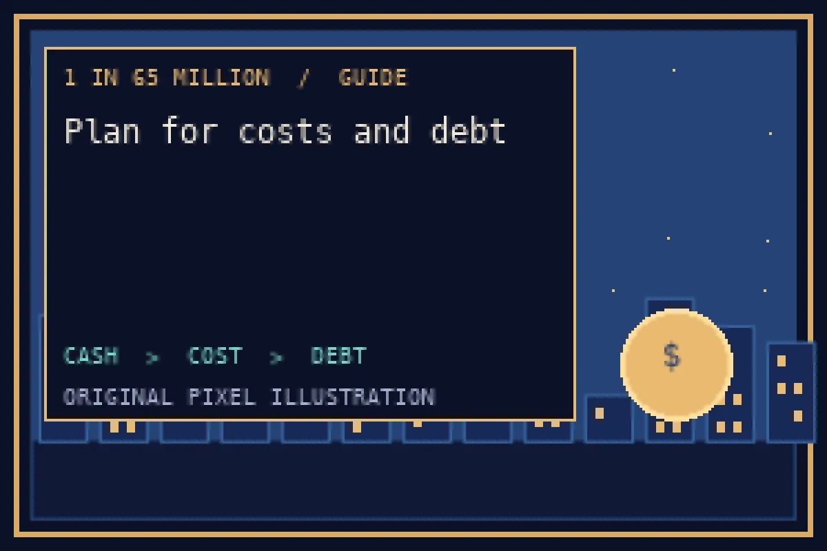 Pixel illustration of plan for costs and debt in the 1 in 65 million guide
