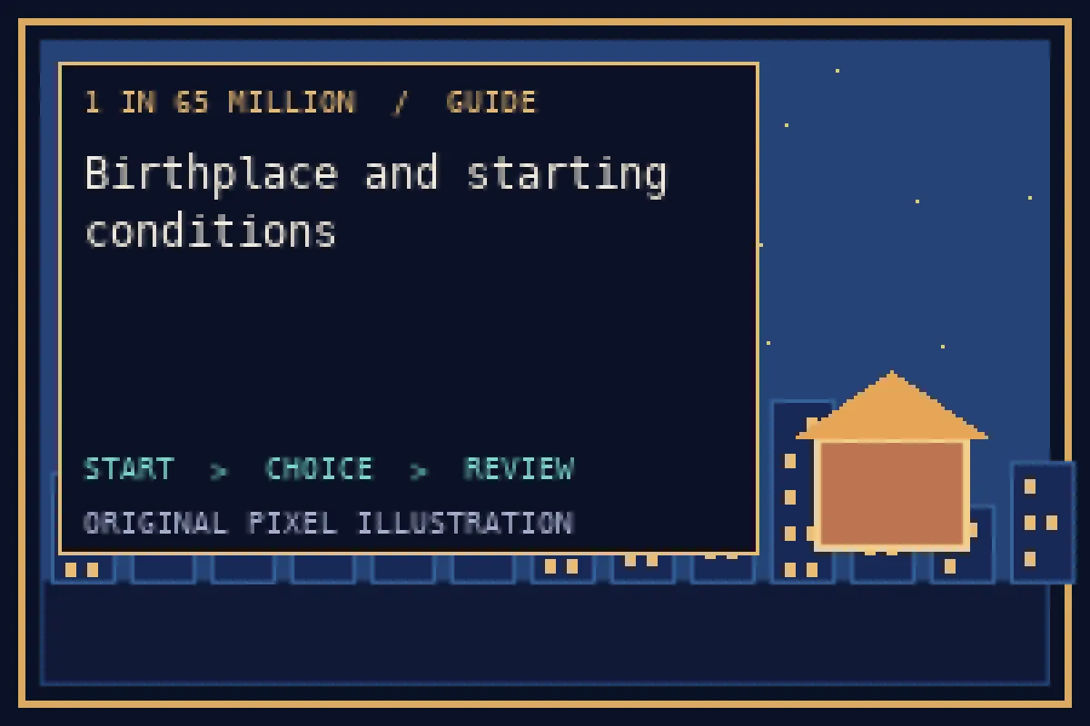 Pixel illustration of birthplace and starting conditions in the 1 in 65 million guide