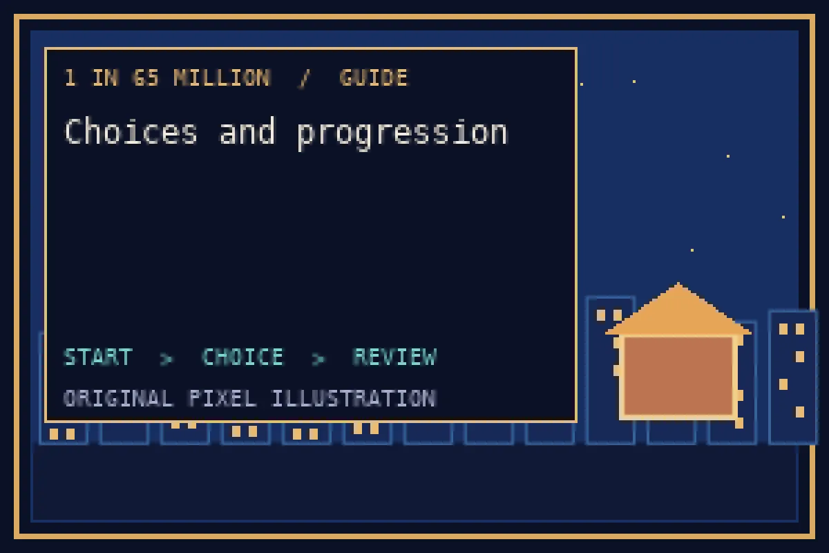 Pixel illustration of choices and progression in the 1 in 65 million guide