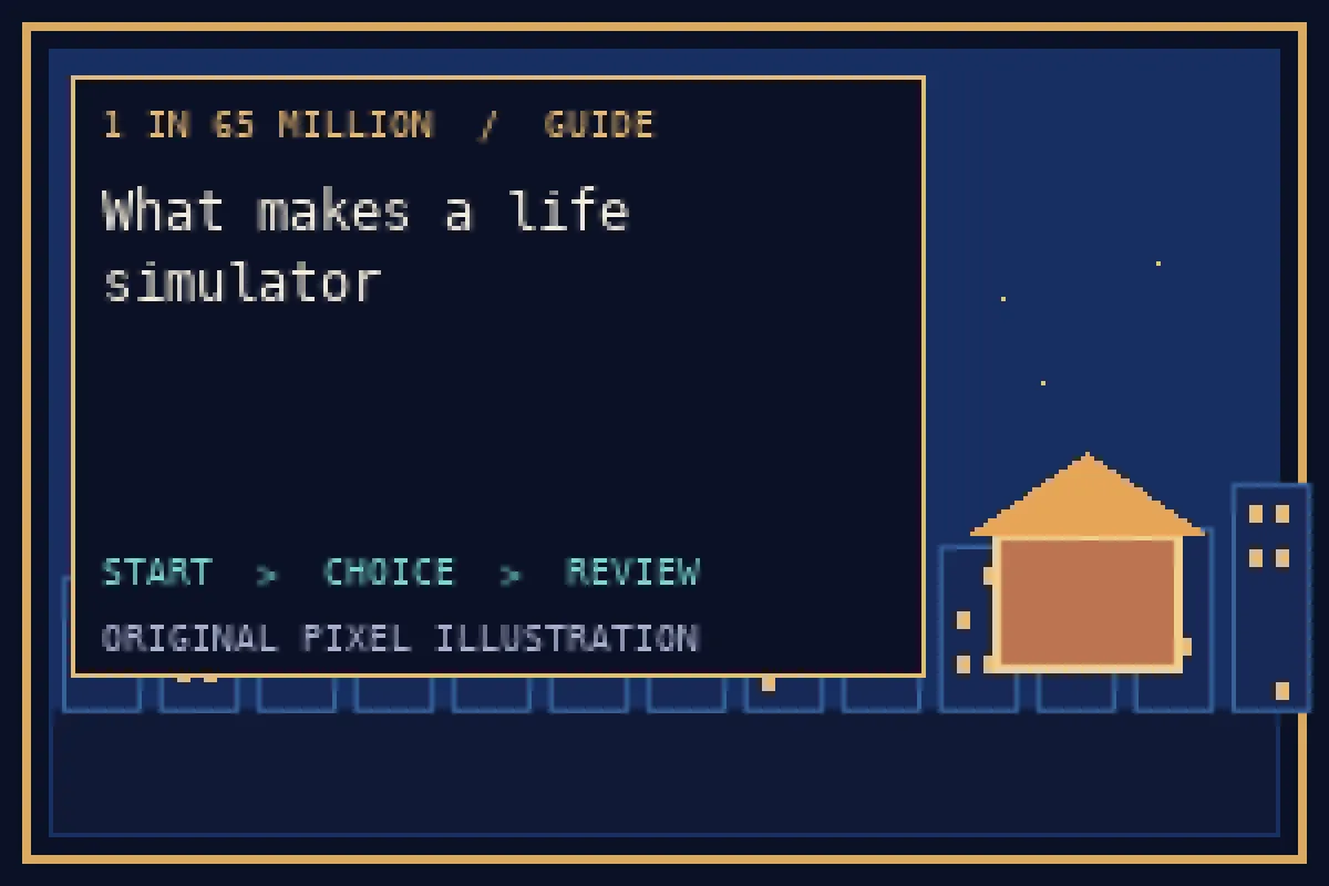 Pixel illustration of what makes a life simulator in the 1 in 65 million guide