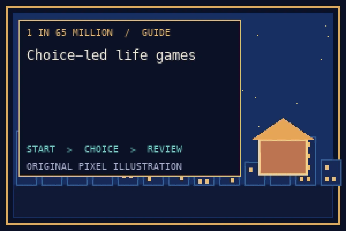 Pixel illustration of choice-led life games in the 1 in 65 million guide
