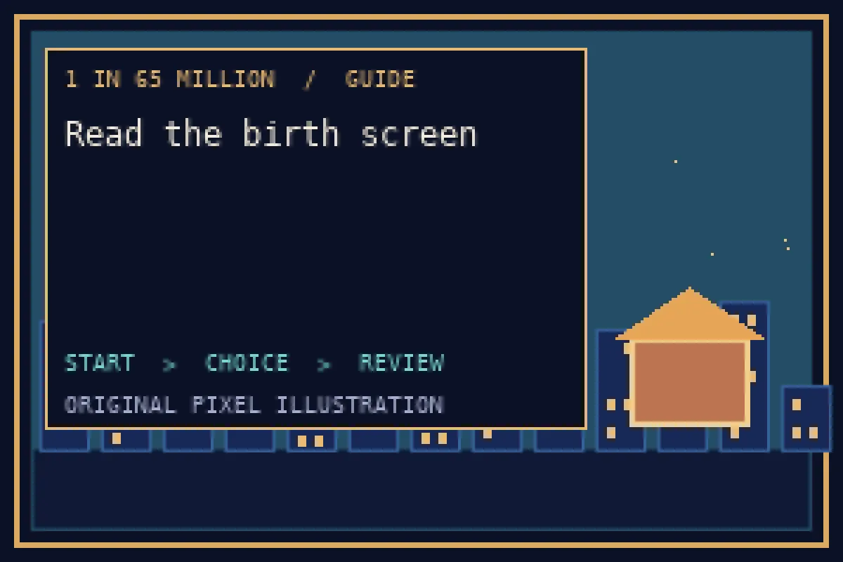 Pixel illustration of read the birth screen in the 1 in 65 million guide