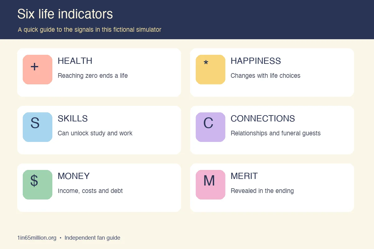 Six life indicators: health, happiness, skills, connections, money and merit
