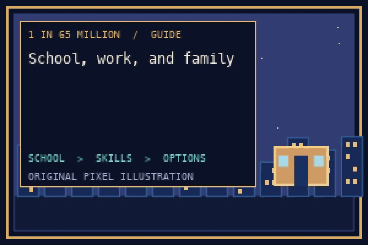 Pixel illustration of school, work, and family in the 1 in 65 million guide
