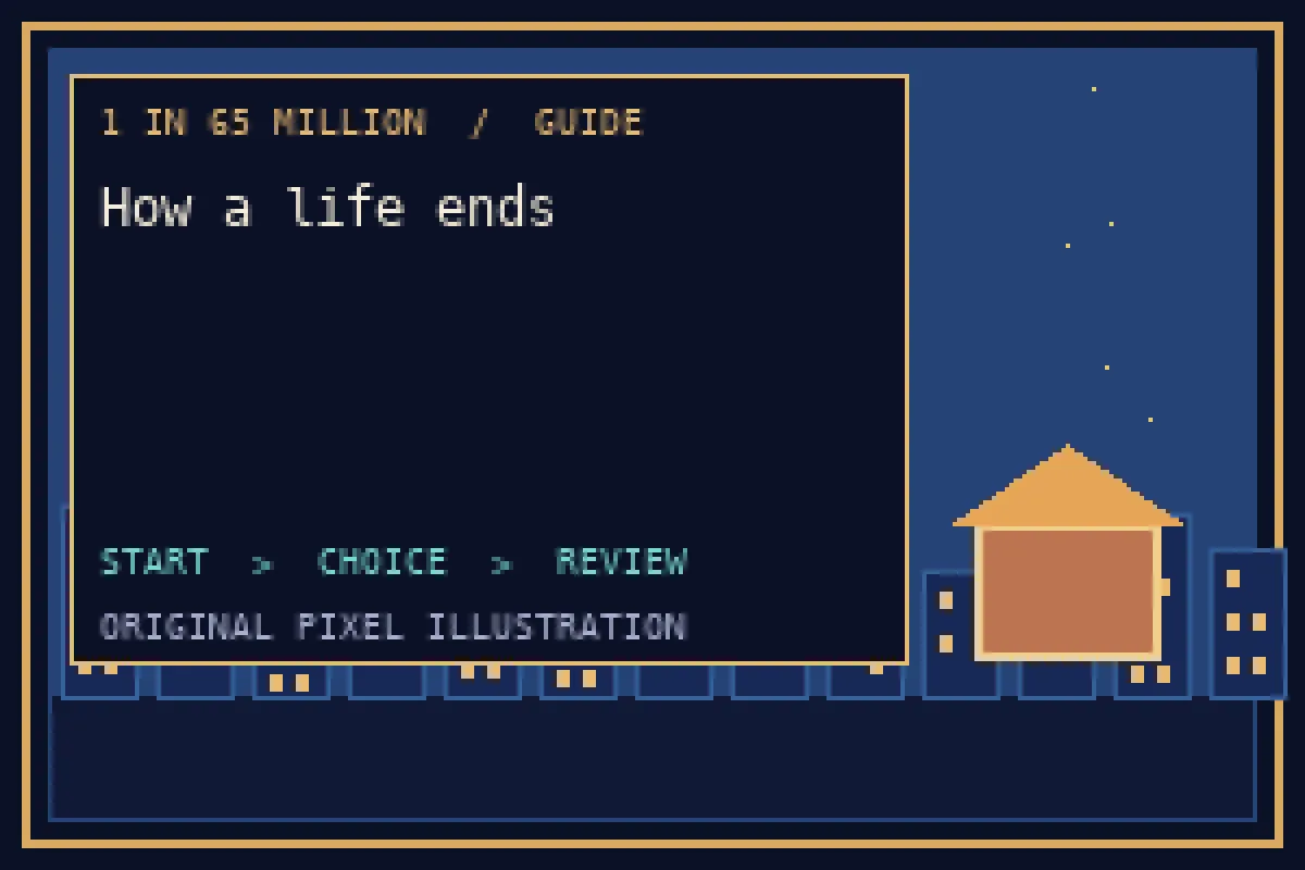 Pixel illustration of how a life ends in the 1 in 65 million guide