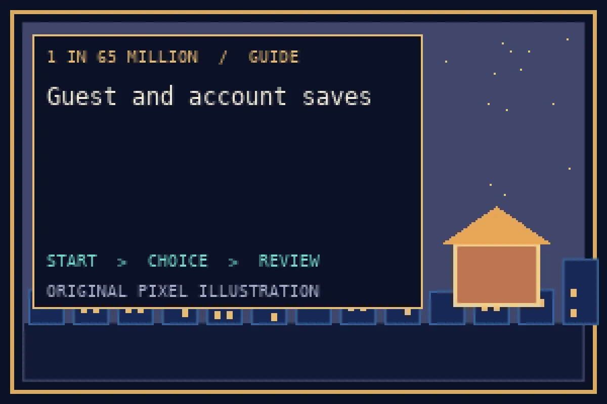 Pixel illustration of account saves and free choices in the 1 in 65 million guide